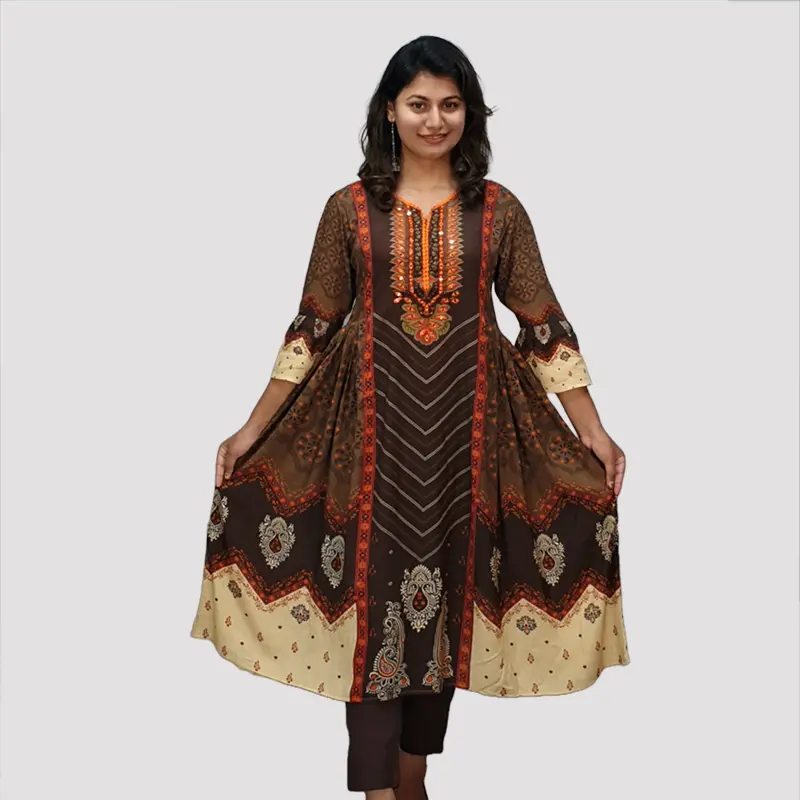 Digital Printed AcCotton Embroidery Trendy kurtis 6580