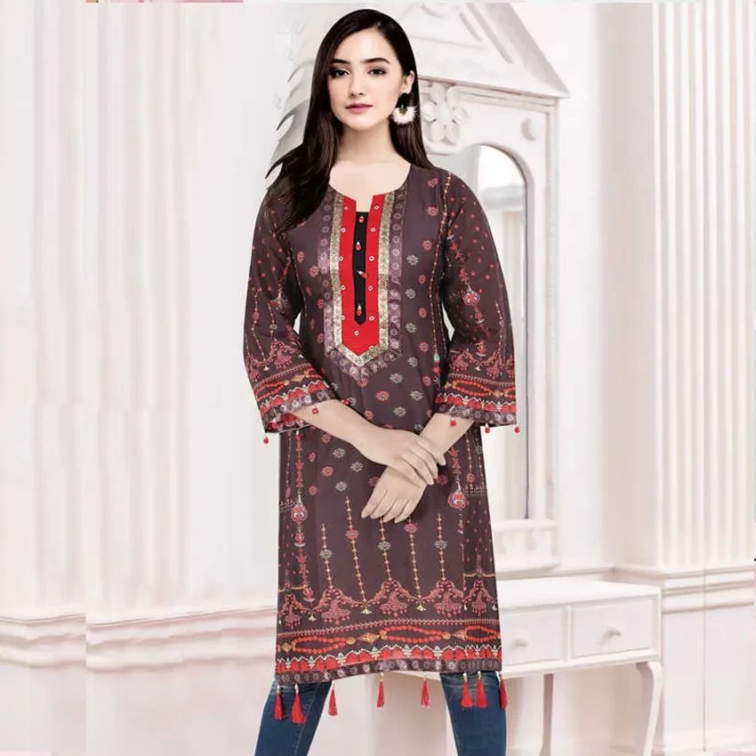 Digital Print Embroidery Cotton Kurti 202110-6054