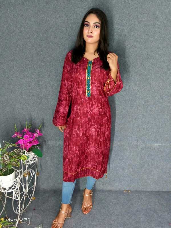 Embroideried Cotton Kurti Kameez Hot and Latest New Design with Digital Print  Hand works for women for casual Trendy dress up-FWK