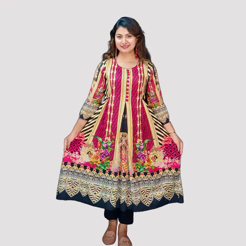 Digital Printed AcCotton Embroidery Trendy kurtis 6540