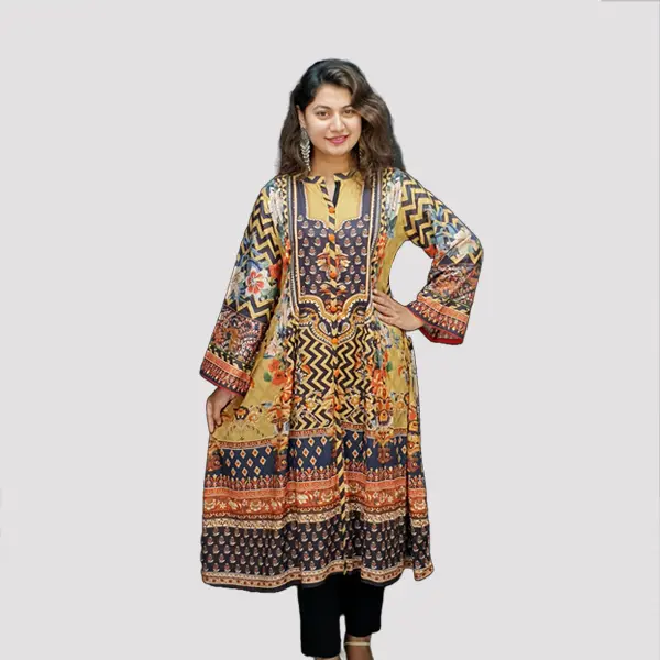 Digital Printed AcCotton Embroidery Trendy kurtis 6509