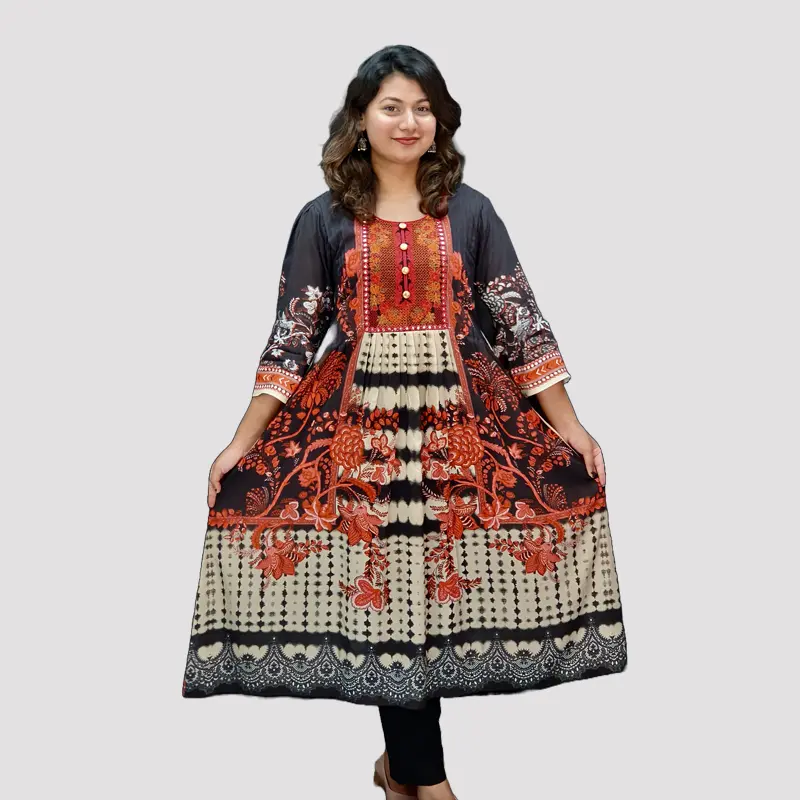 Digital Printed AcCotton Embroidery Trendy kurtis 6578