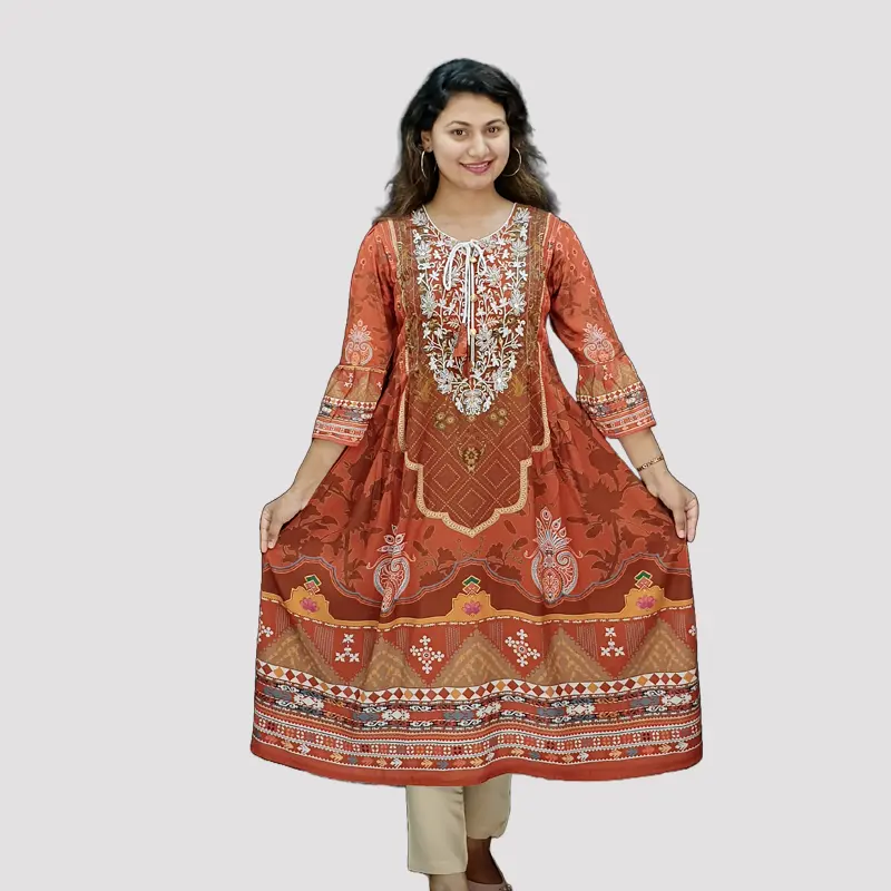 Digital Printed AcCotton Embroidery Trendy kurtis 6573