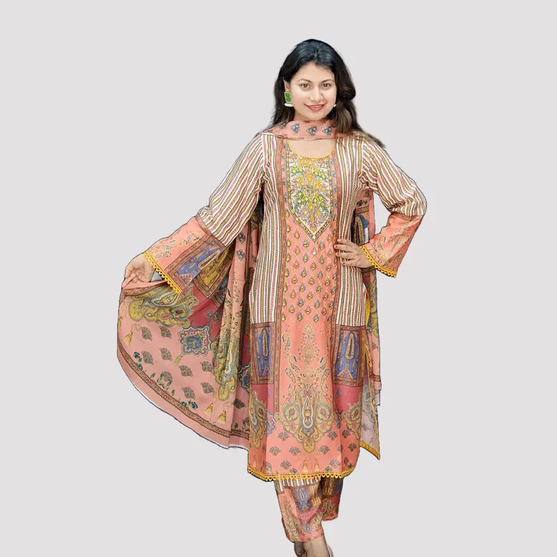 Women Premium Moslin Cotton Salwar Kameez Orna Pant Set 6566M