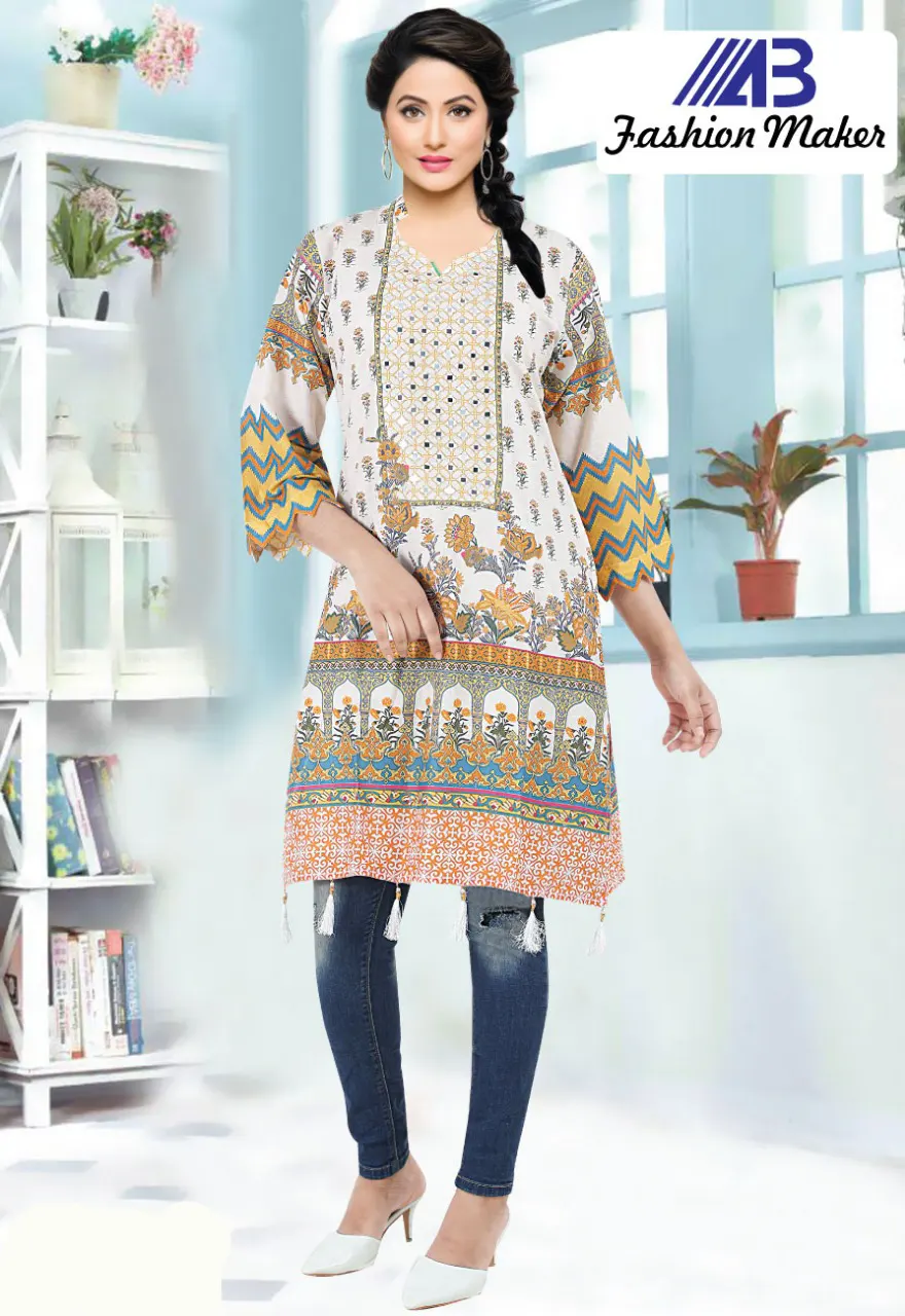 Digital Print Hand works Cotton Kurti 202129-6076