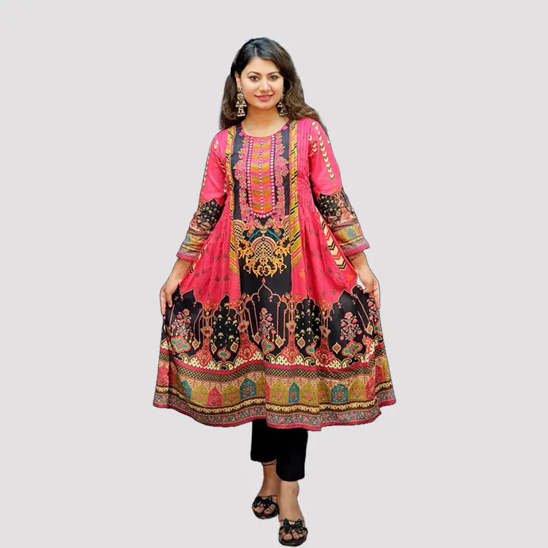 Digital Printed AcCotton Embroidery Trendy kurtis 6526