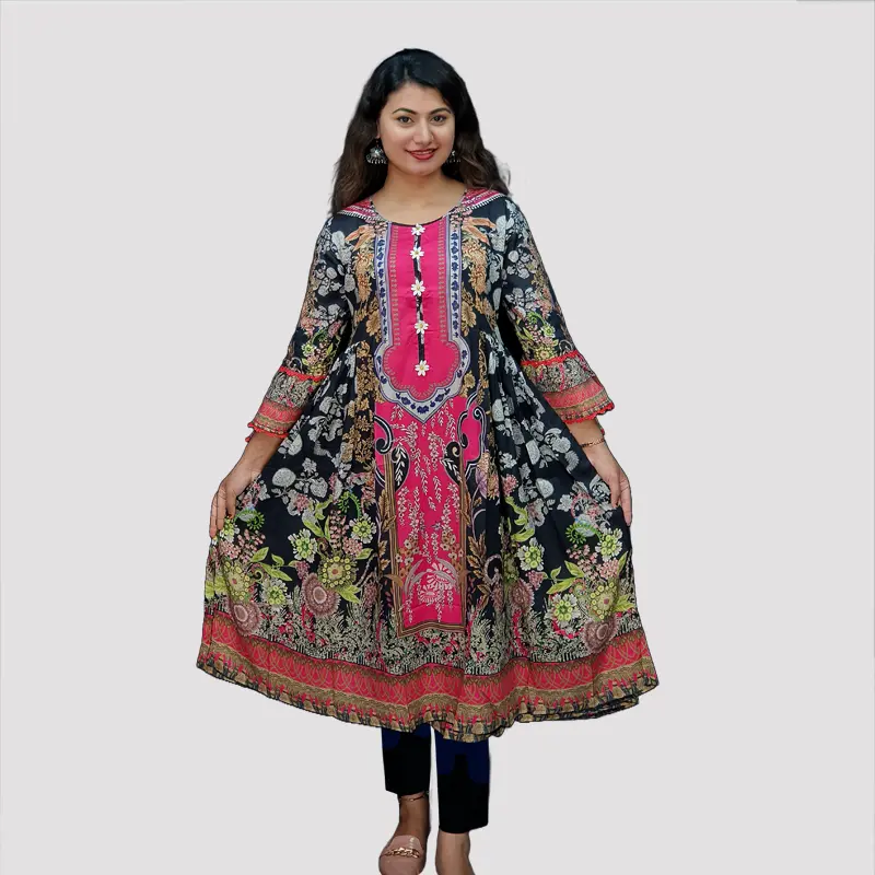 Digital Printed AcCotton Embroidery Trendy kurtis 6527