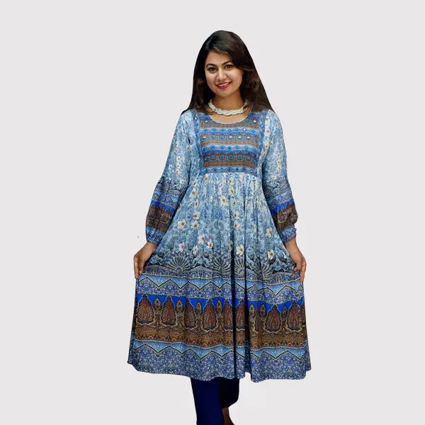 Floral Blue Mirror Work Traditional Kurtis 6505