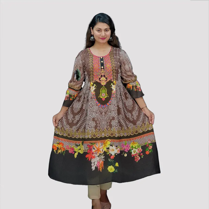 Digital Printed AcCotton Embroidery Trendy kurtis 6563