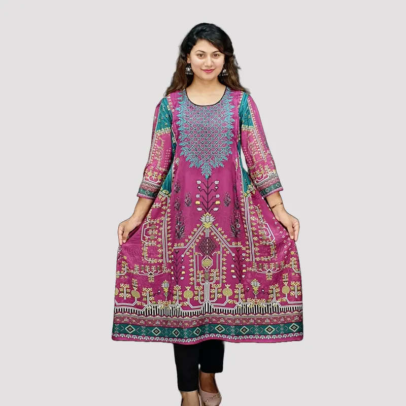 Digital Printed AcCotton Embroidery Trendy kurtis 6571